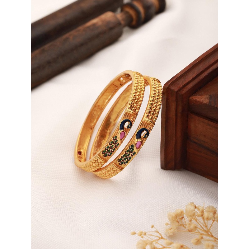 Saraf RS Jewellery Set Of 2 Gold-Plated & Pink Stones-Studded & Beaded Bangles