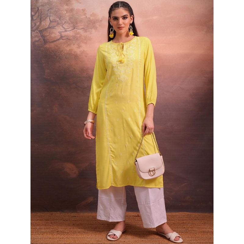 Vishudh Yellow Ethnic Motifs Embroidered Tie-Up Neck Thread Work Straight Kurta