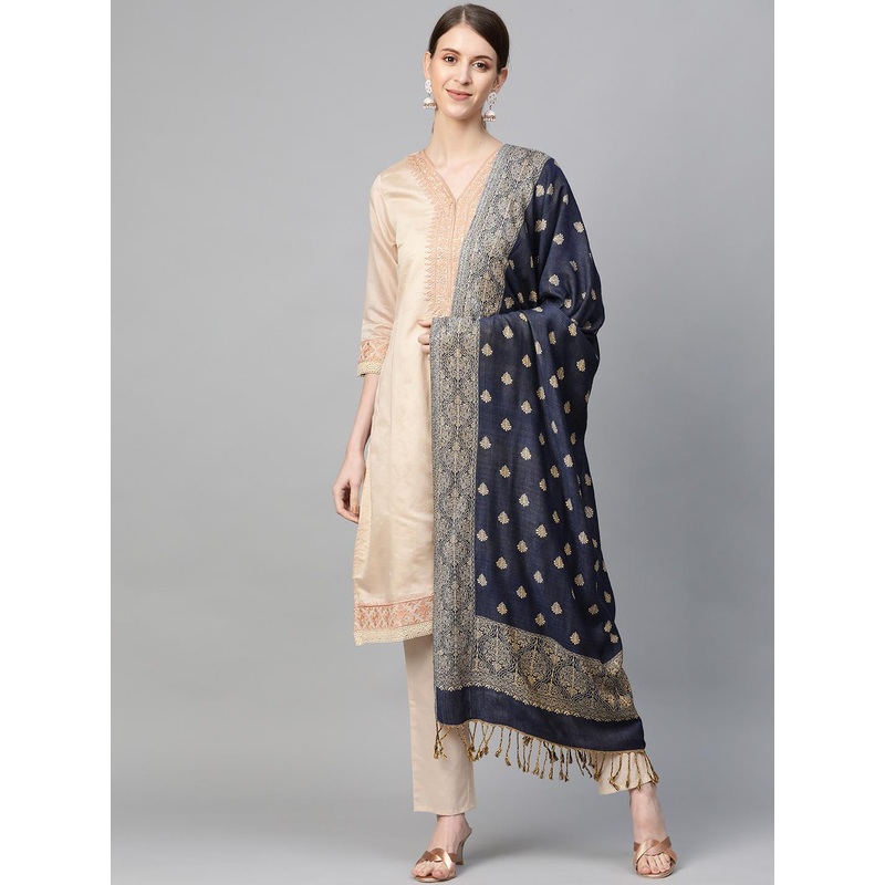 WEAVERS VILLA Women Navy Blue & Beige Woven Design Tasselled Stole