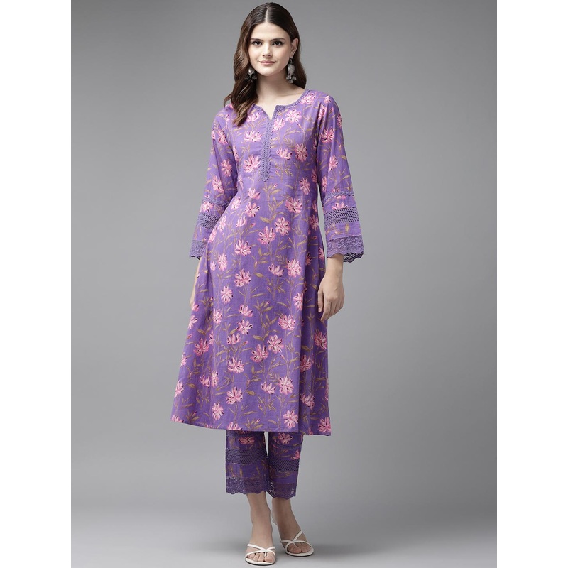 Yufta Floral Printed Regular Thread Work Pure Cotton Kurta with Trousers
