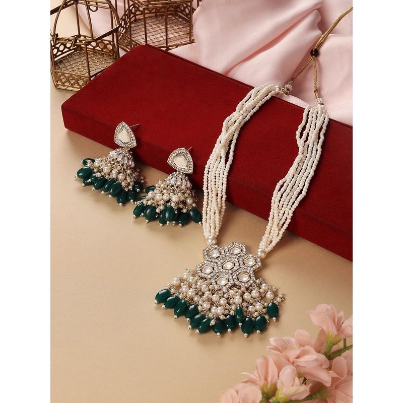 Zaveri Pearls Gold Plated Stones Multistrand Beaded Necklace With Earrings
