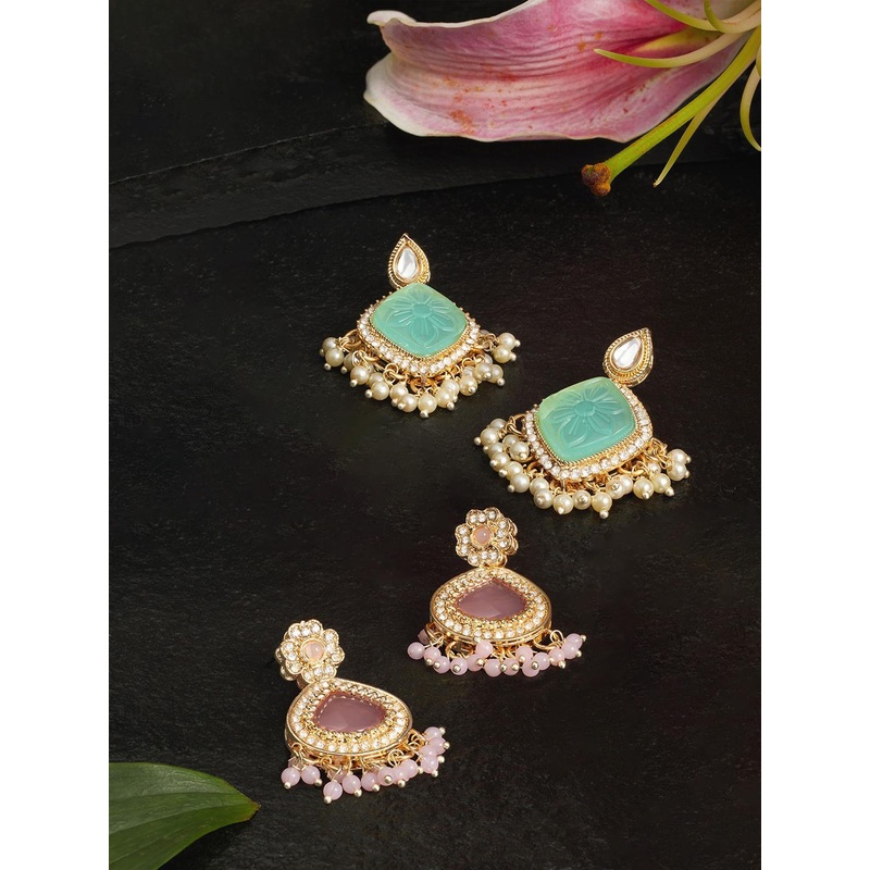 Zaveri Pearls Set of 2 Gold-Plated Teardrop Shaped Stone Studded & Beaded Drop Earrings
