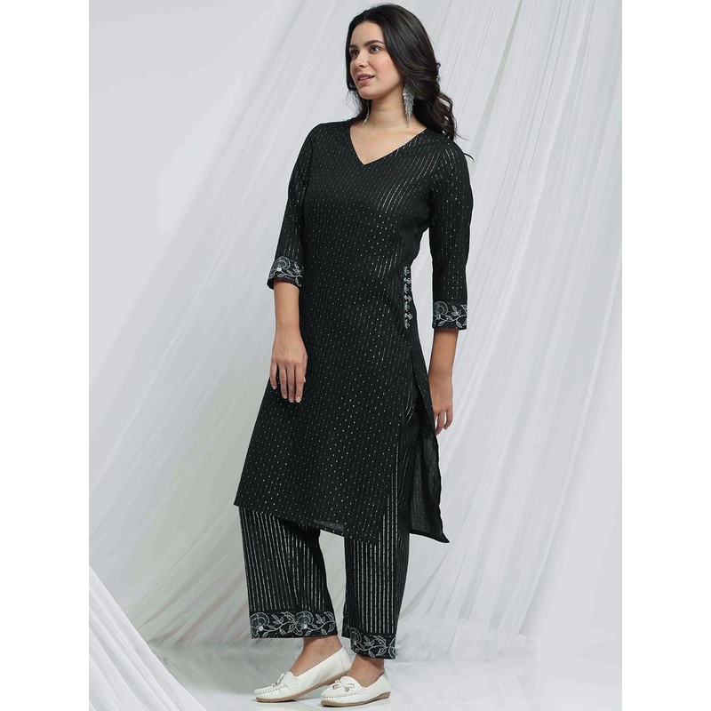 Anouk Black Floral Embroidered Kantha Work Pure Cotton Straight Kurta With Trouser