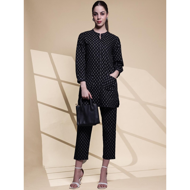 Anouk Black Floral Printed Mandarin Collar Pure Cotton Straight Kurta with Trousers