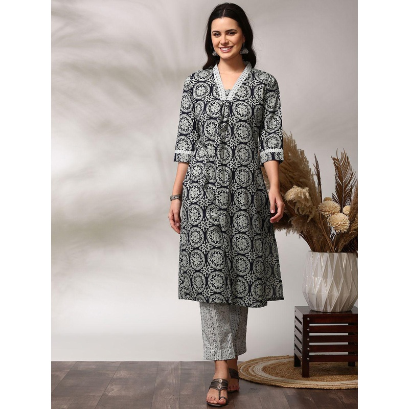 Anouk Black Floral Printed Straight Kurta With Trouser