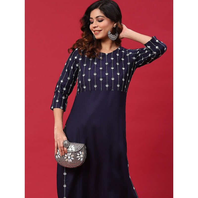 Anouk Blue Ethnic Motifs Yoke Design Mirror & Thread Work Kurta with Trousers