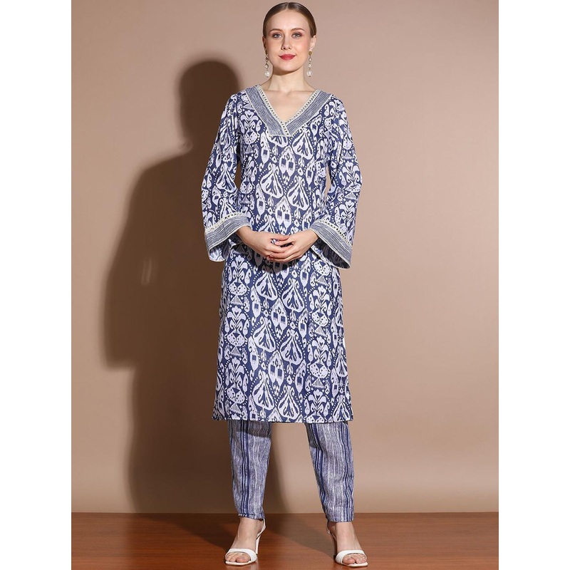 Anouk Blue Floral Printed Mirror Work Pure Cotton Straight Kurta With Trouser