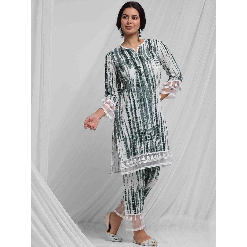 Anouk Dyed Regular Kantha Work Pure Cotton Straight Kurta With Trousers