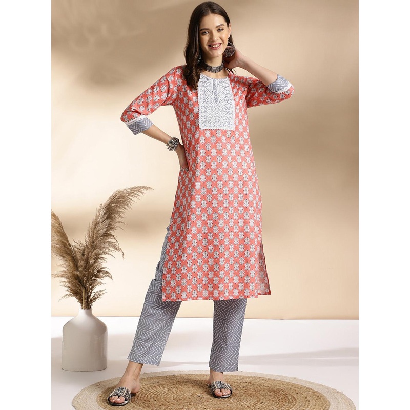 Anouk Ethnic Motifs Embroidered Round Neck Pure Cotton Straight Kurta with Trousers
