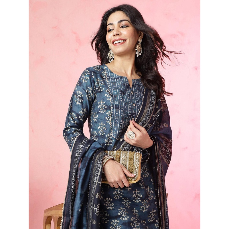 Anouk Ethnic Motifs Printed Chanderi Silk Kurta with Trousers & With Dupatta