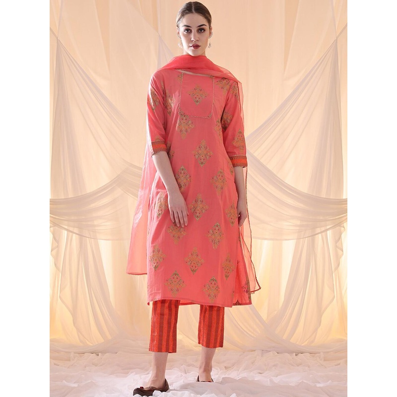 Anouk Ethnic Motifs Printed Gotta Patti Pure Cotton Straight Kurta With Trousers & Dupatta