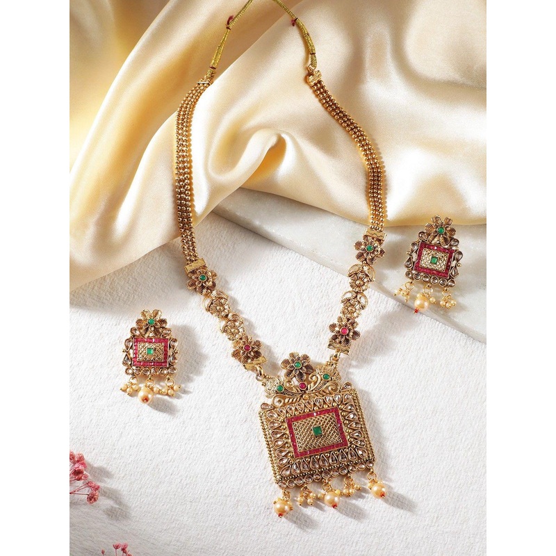 Anouk Gold-Plated Kundan Studded & Beaded Floral Design Jewellery Set