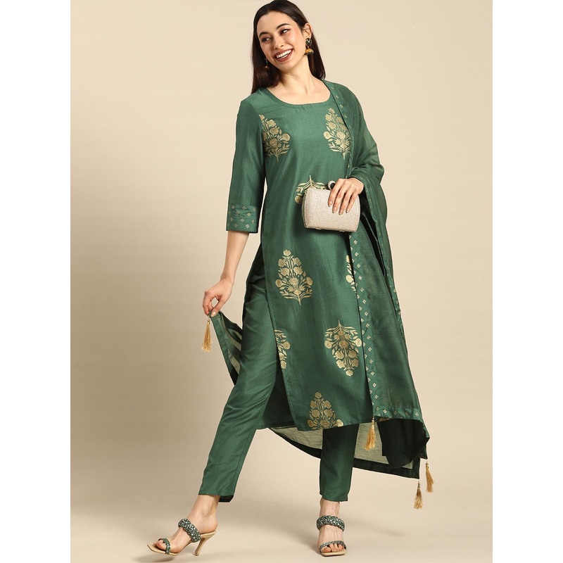 Anouk Women Green Floral Printed Regular Kurta with Trousers & With Dupatta