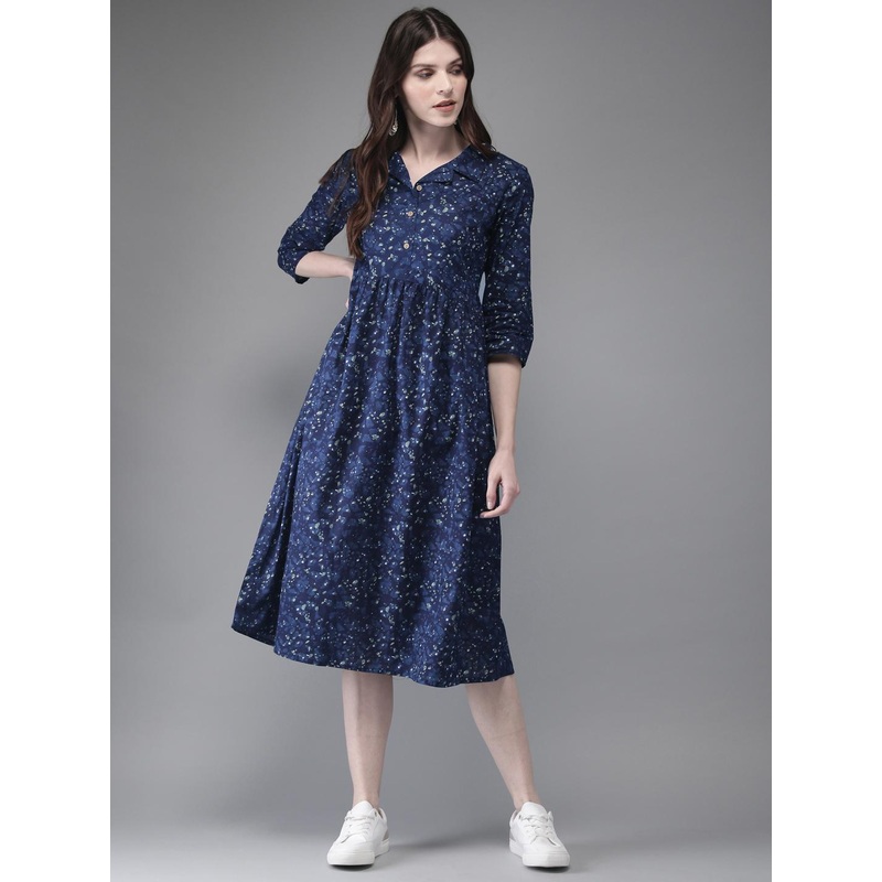 Anouk Women Navy Blue Printed A-Line Kurta