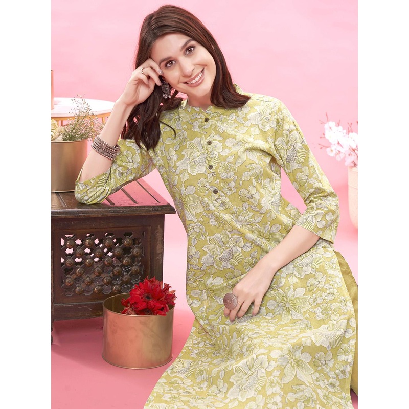 Anouk Yellow Floral Printed Mandarin Collar Pure Cotton Straight Kurta