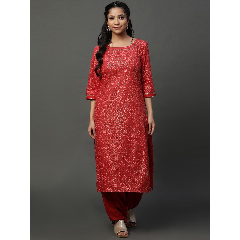 AURELIA Floral Foil Printed Sequined & Gotta Patti Pure Cotton Straight Kurta