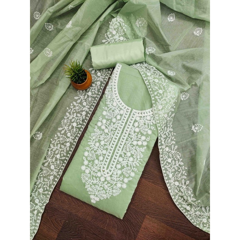 Blissta Floral Embroidered Thread Work Chanderi Cotton Unstitched Dress Material