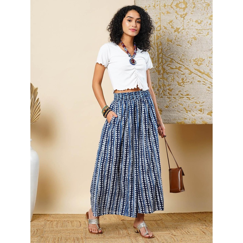 Globus Geometric Border Printed Elasticated Waistband Flared Fusion Palazzos