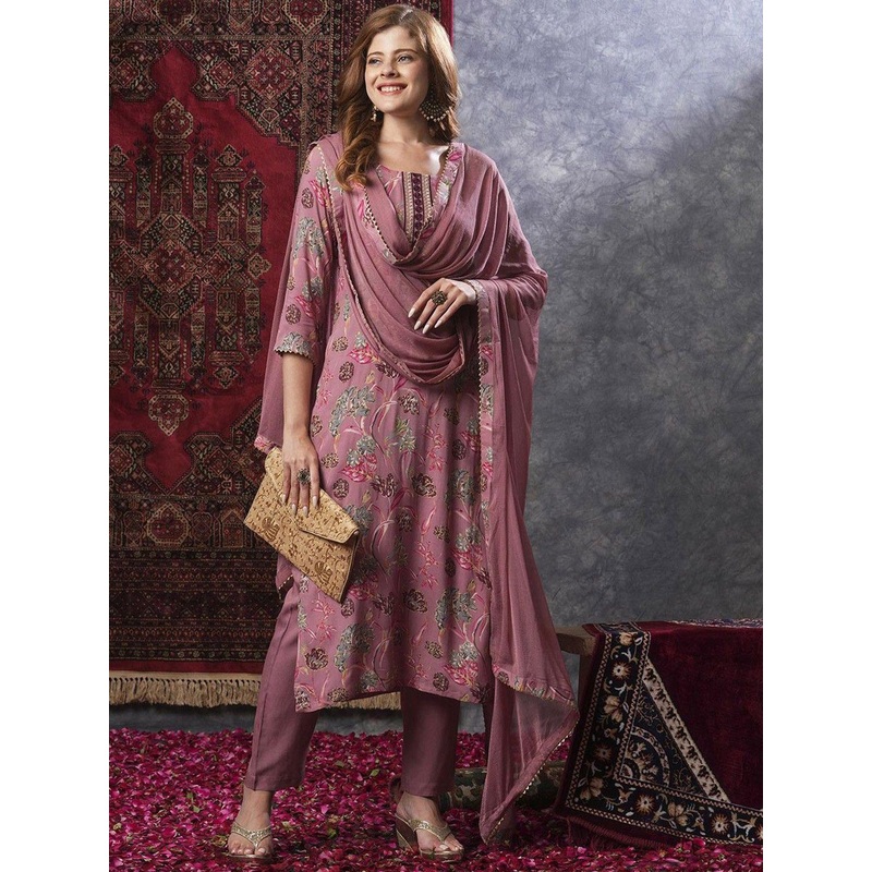 GoSriKi Floral Printed Thread Work Straight Kurta With Trousers & Dupatta