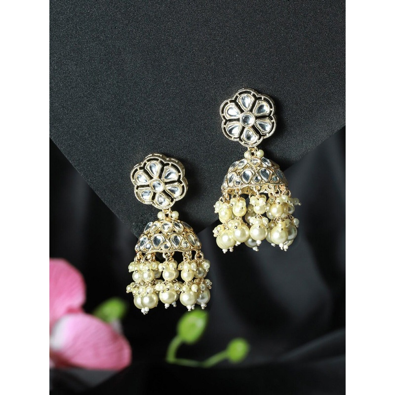 Jazz and Sizzle Gold-Toned Floral Beads Kundan studded & Beaded  Jhumkas Earrings