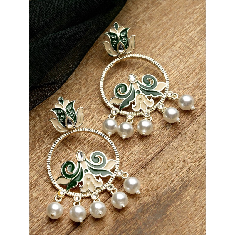 KARATCART Women Gold Plated Green Circular Drop Earrings