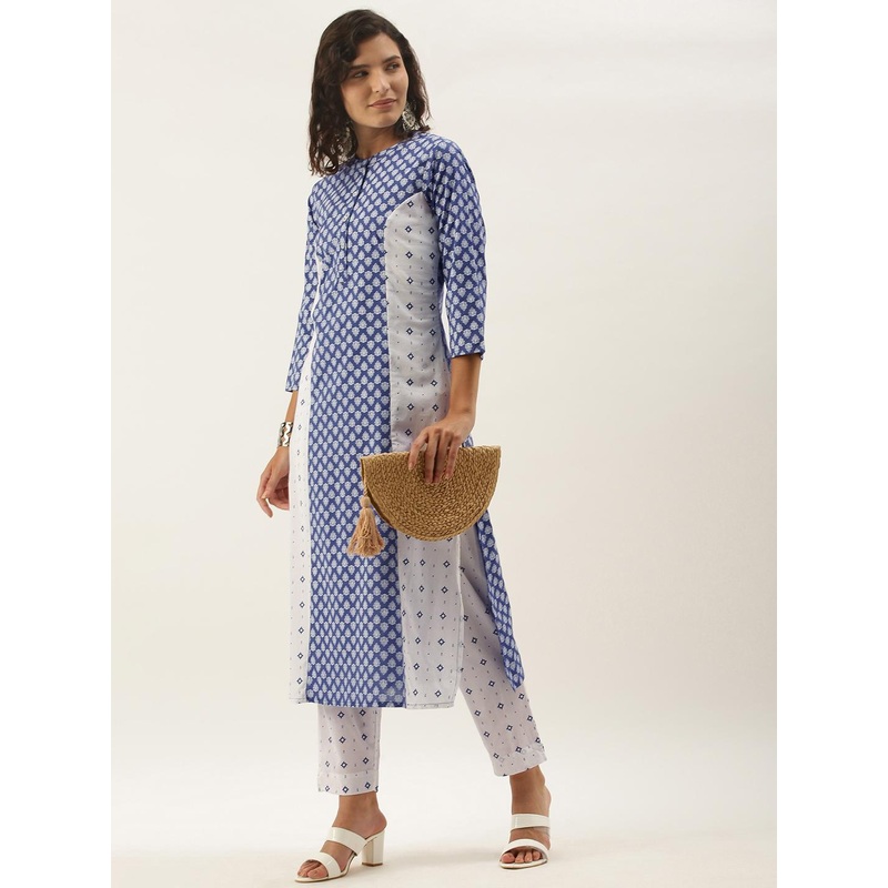 Sangria Women White Ethnic Motifs Printed Panelled Pure Cotton Kurta with Trousers