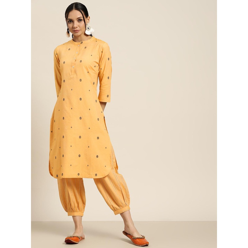 Sangria Women Yellow & Black Woven Design Regular Kurta with Salwar