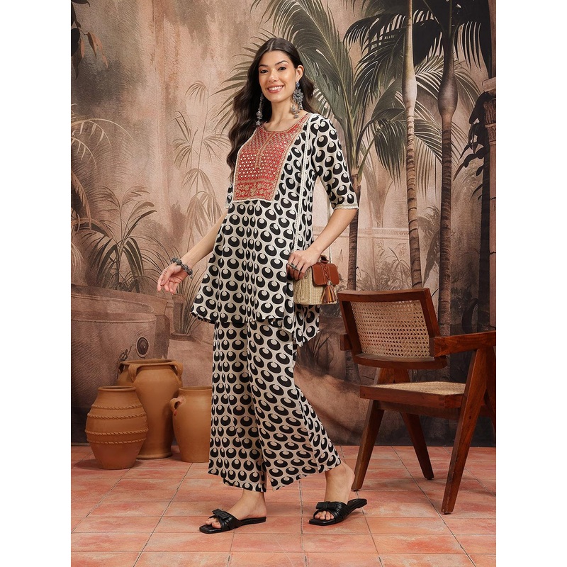 Sangria Yoke Design Mirror Work Zari & Sequins Printed Kurta Set