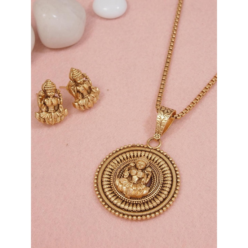 SGA FASHION Gold-Plated Antique Lakshmi Necklace With Earrings