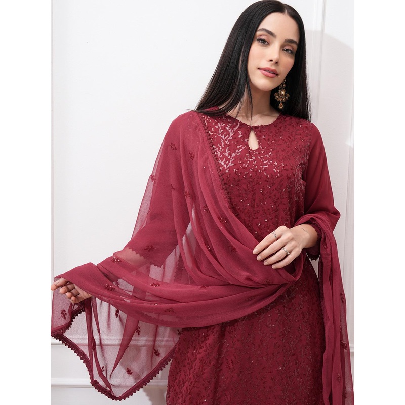Vishudh Women Ethnic Motifs Embroidered Regular Sequinned Kurta with Trousers & With Dupatta