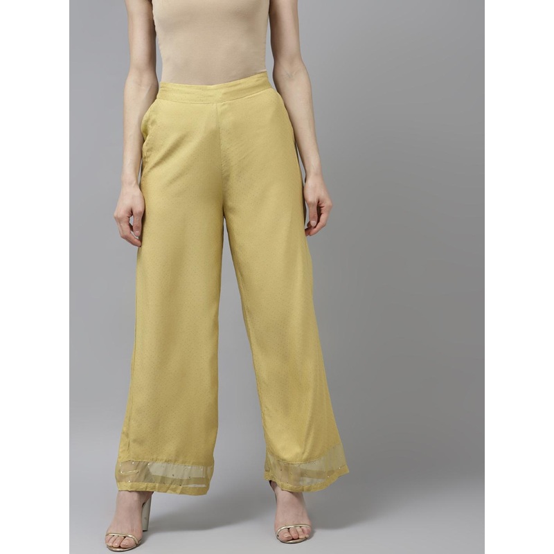 W Women Sage Green & Gold-Toned Printed Ethnic Parallel Palazzos