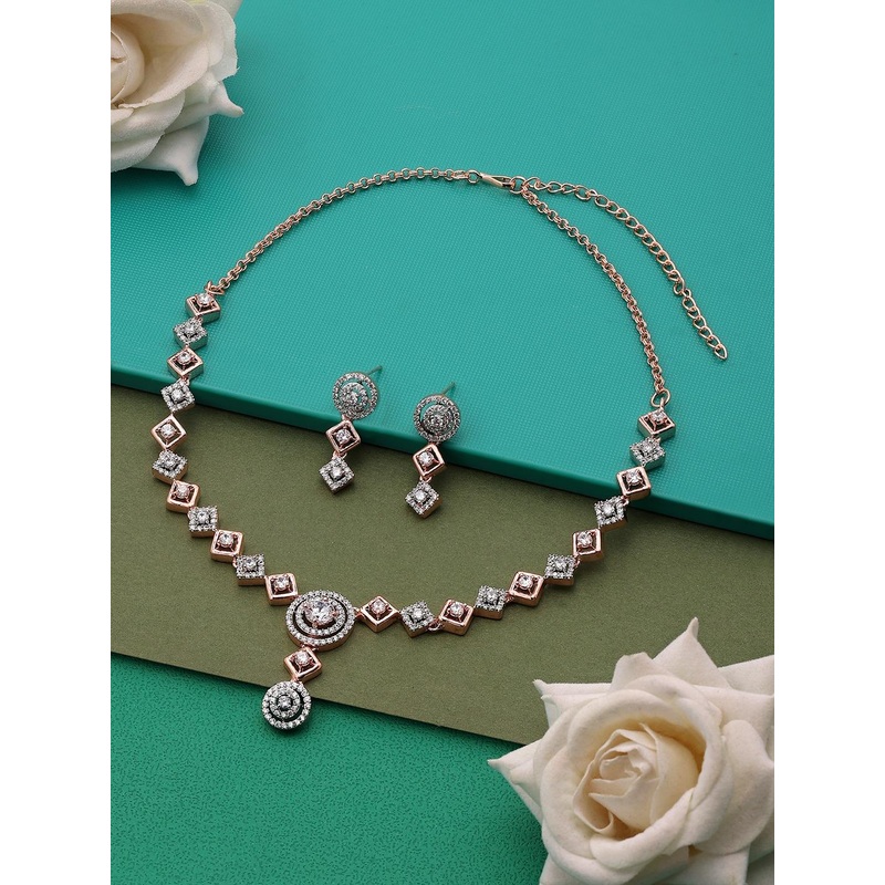 Zaveri Pearls Rose Gold-Plated CZ Studded Necklace & Earrings