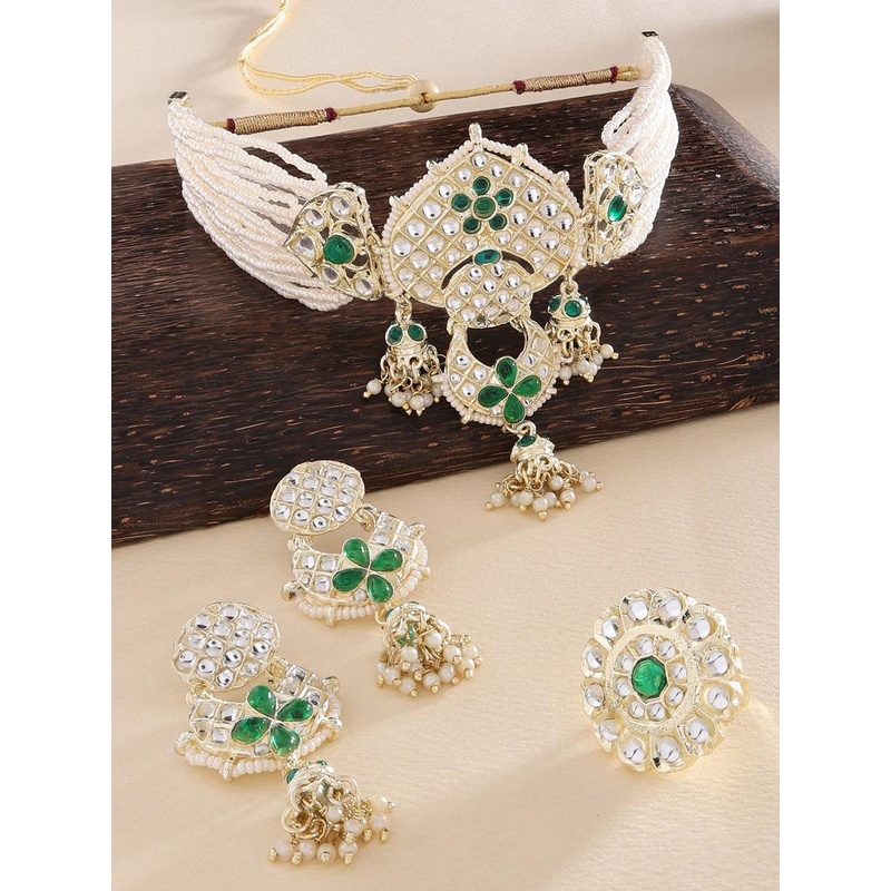 Zaveri Pearls Women Gold-Plated Green Stone-Studded & Pearls Beaded Choker Multistrand Jewellery Set