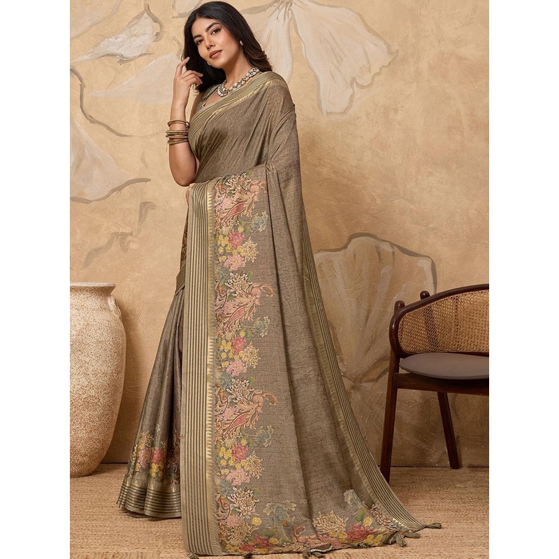 100 Dreams Floral Zari Silk Blend Handloom Tussar Saree