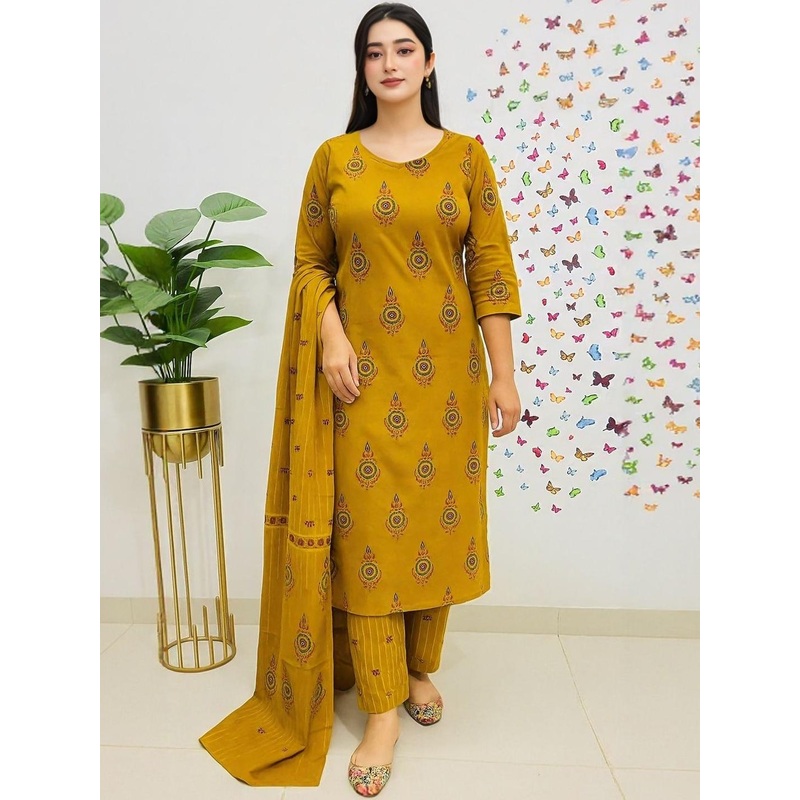 Aaghnya Ethnic Motifs Printed Straight Kurta With Trousers & Dupatta