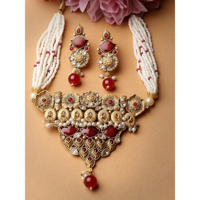 ADIVA Gold Plated Kundan Studded & Pearl Beaded Jewellery Set