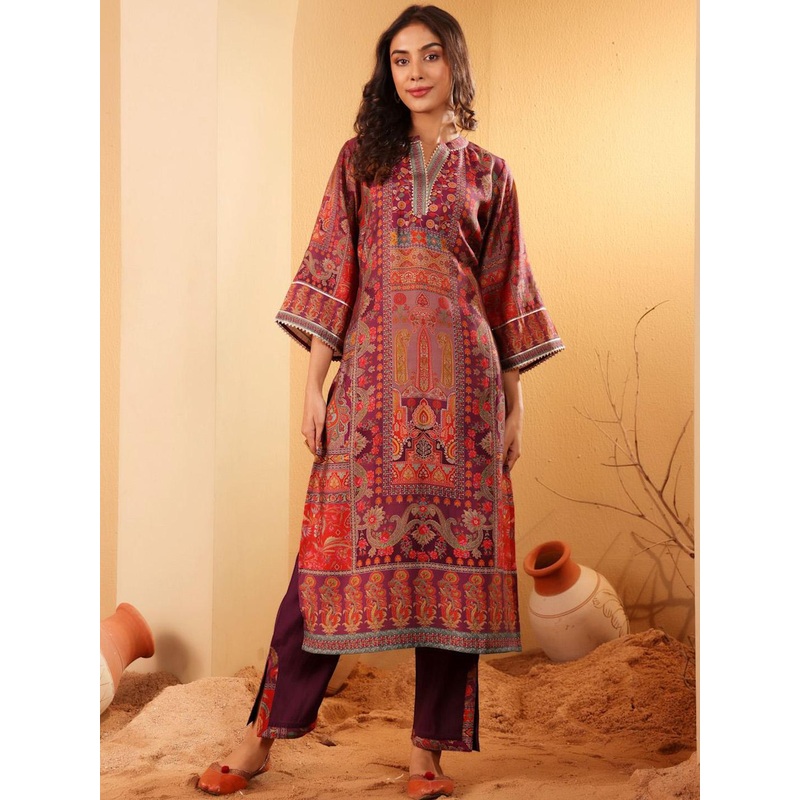 all about you Ethnic Motifs Printed Mandarin Collar Chanderi Silk Kurta With Trousers
