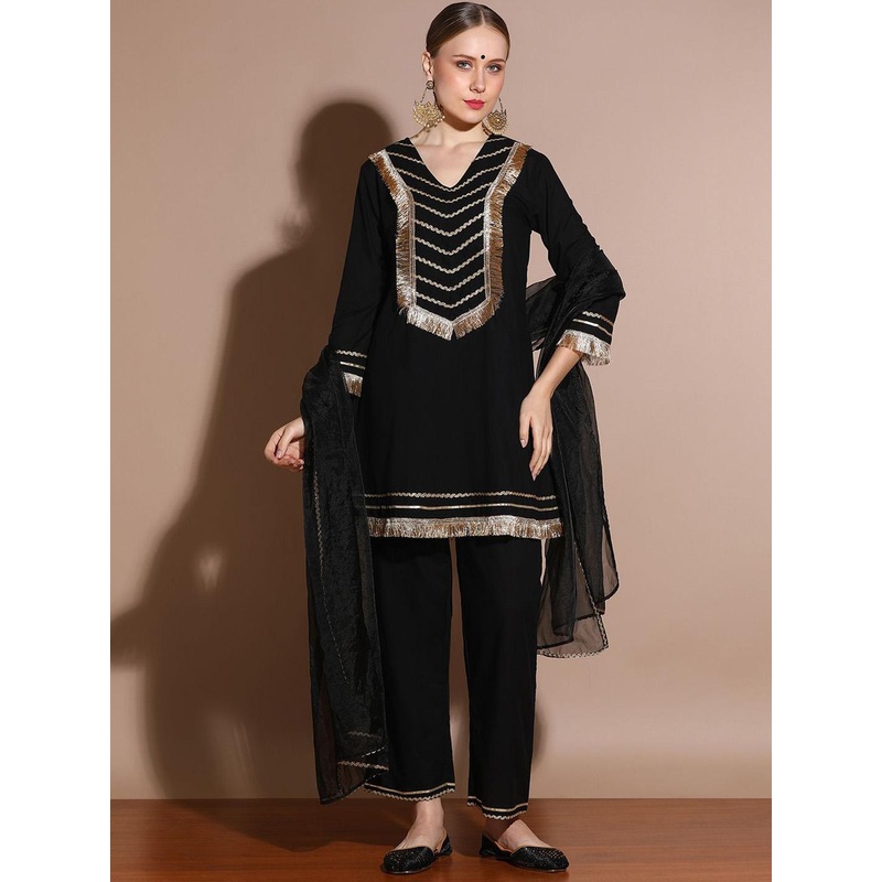 Anouk Black Floral Embroidered Pure Cotton Straight Kurta With Palazzo & Dupatta