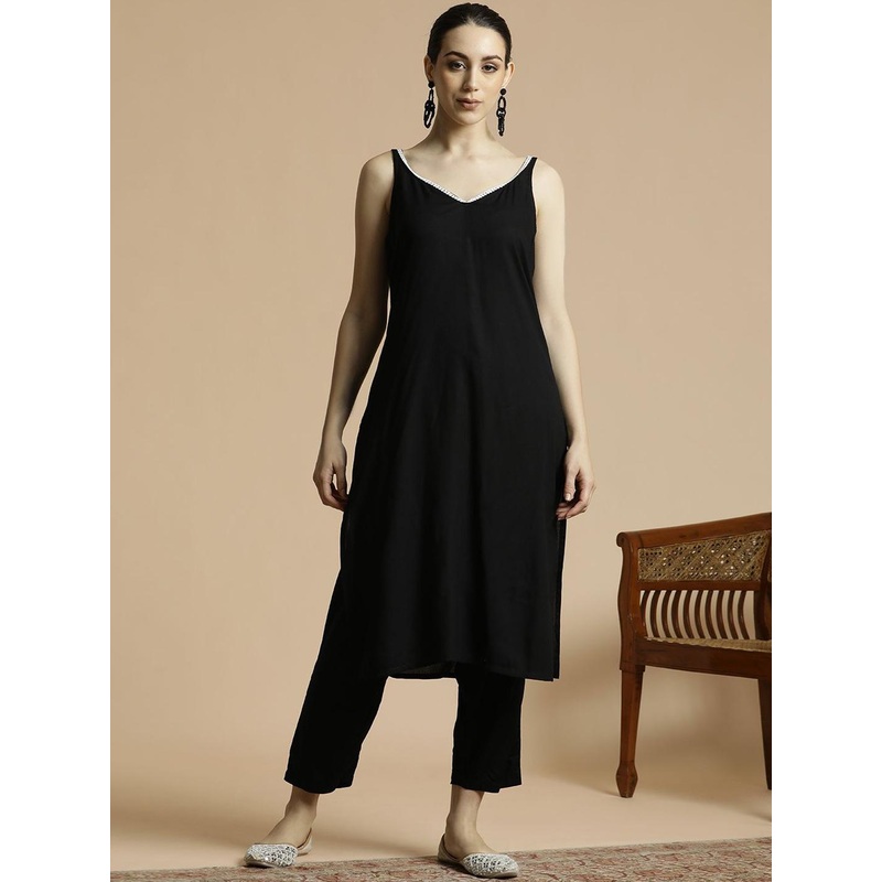 Anouk Black Shoulder Straps Thread Work Kurta with Trousers