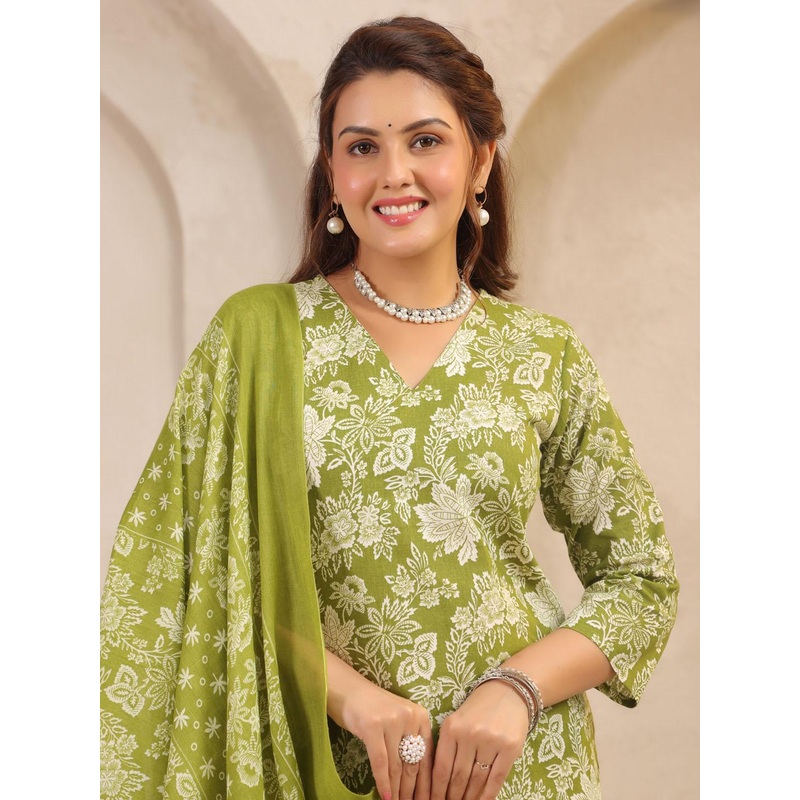 Anouk Rustic Floral Printed V-Neck Pure Cotton Straight Kurta With Trousers & Dupatta