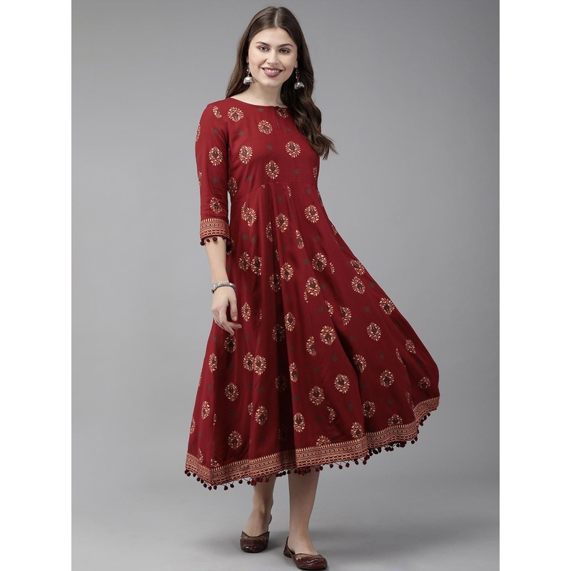 Anouk Women Maroon & Golden Printed Anarkali Kurta
