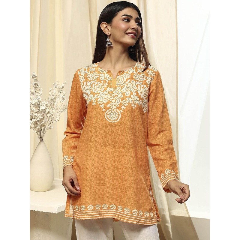 Biba Floral Embroidered Notch-Neck Straight Kurta