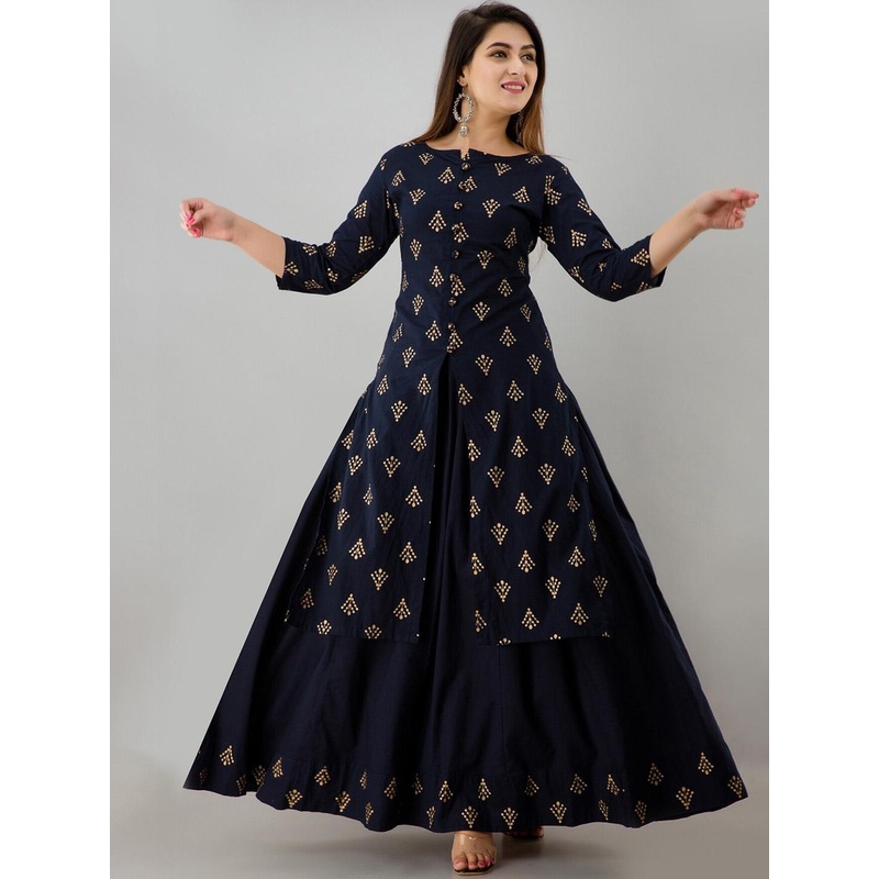 HERE&NOW Blue Ethnic Motifs Printed Regular Kurta with Skirt