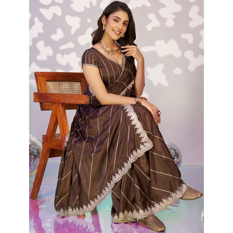 HERE&NOW Embellished Embroidered Pure Crepe Ready to Wear Saree