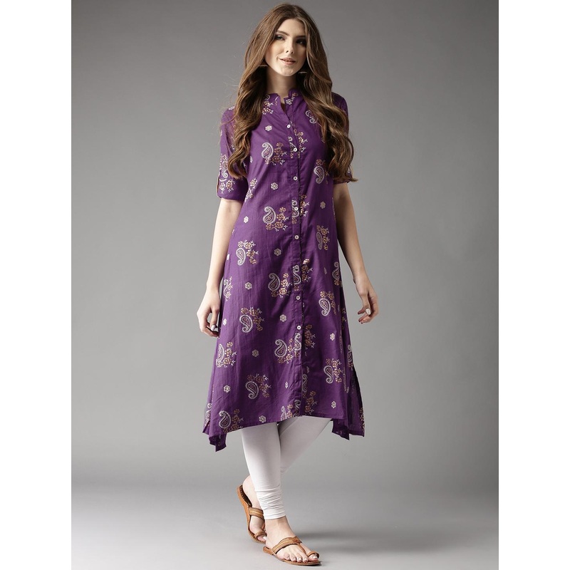 HERE&NOW Women Purple Printed A-Line Asymmetric Kurta