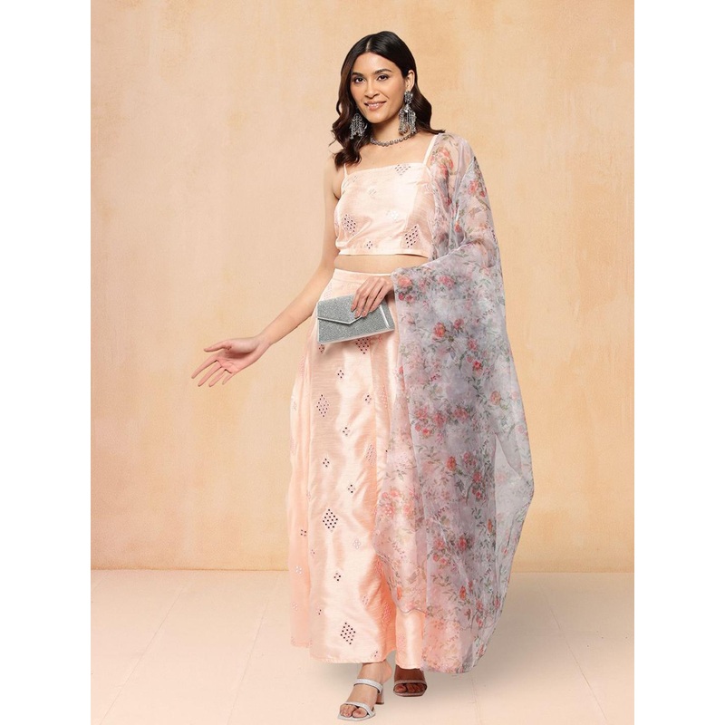 Jompers Embroidered Mirror Work Ready To Wear Dupion Silk Lehenga & Blouse With Dupatta