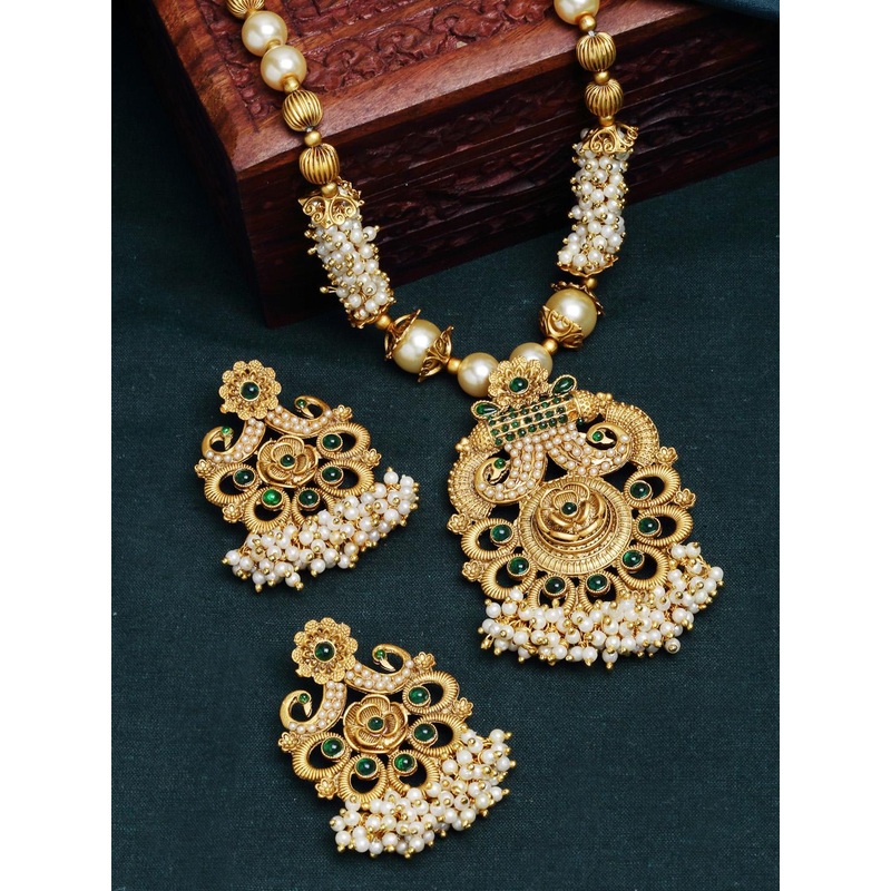 PANASH Gold- Plated Green Stone Studded & Beaded Jewellery Set