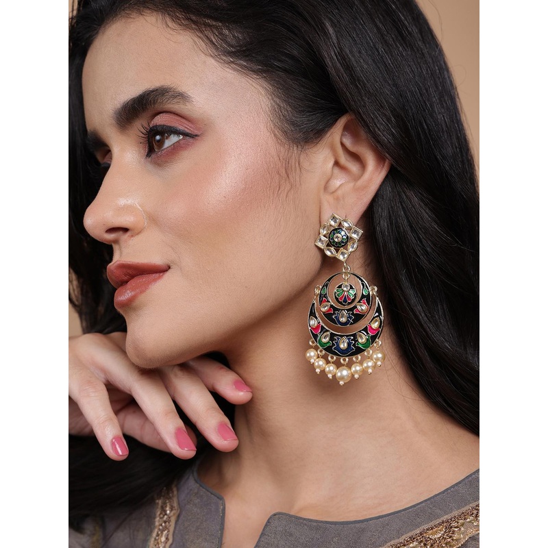 PANASH Gold-Plated Multicolor Meenakari & Kundan Chandbali Earrings with Pearl Drops