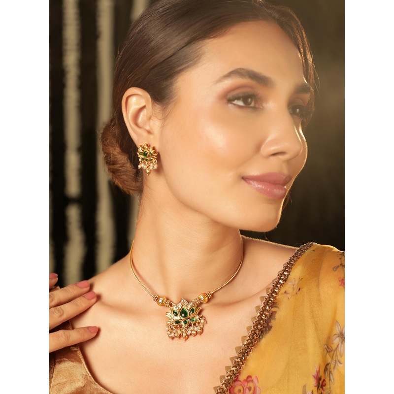 Rubans 22K Gold Plated 2 In 1 Lotus Motif Ruby & Emerald Stone Studded Jewellery Set