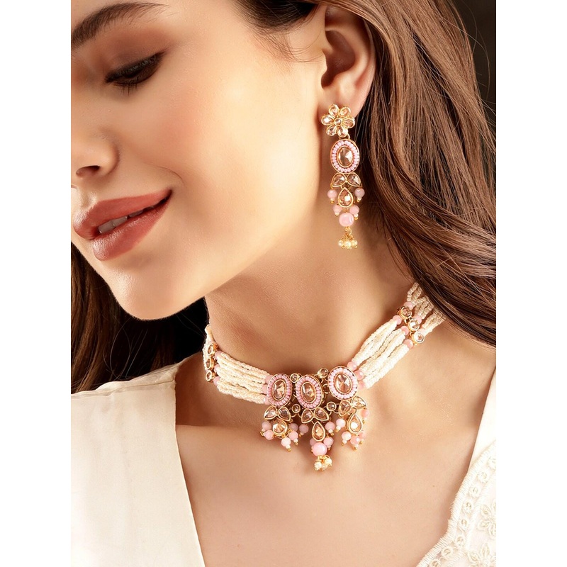 Rubans Gold Plated American Diamond Studded & Beaded Jewellery Set